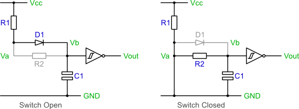 Debouncing circuit in switch open and closed states