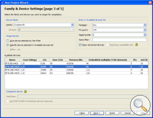 FPGA device selection dialog