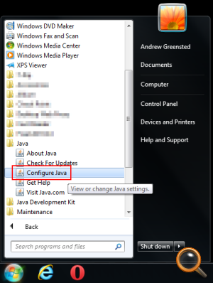 Java Control Panel link in the Windows Start Menu