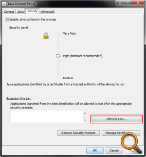 Java Control Panel Security Tab showing the list of trusted sites